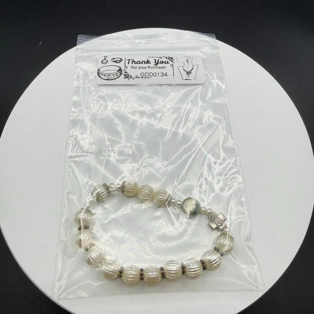 Catholic Devotional Cross Portrait Cream Faux Pearl Stretch Bracelet Religious